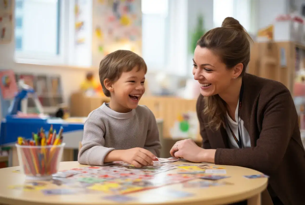 Un ni&ntilde;o y una maestra r&iacute;en a carcajadas mientras juegan con cartas, como si estuvieran contando chistes de 
