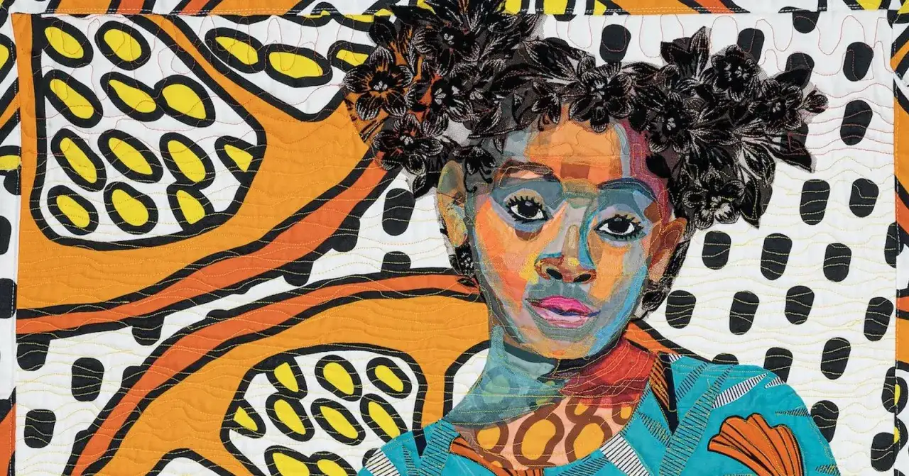 Vibrant textile portrait of a young Black woman, a striking example of contemporary Black artists' work, with bold patterns and textures.