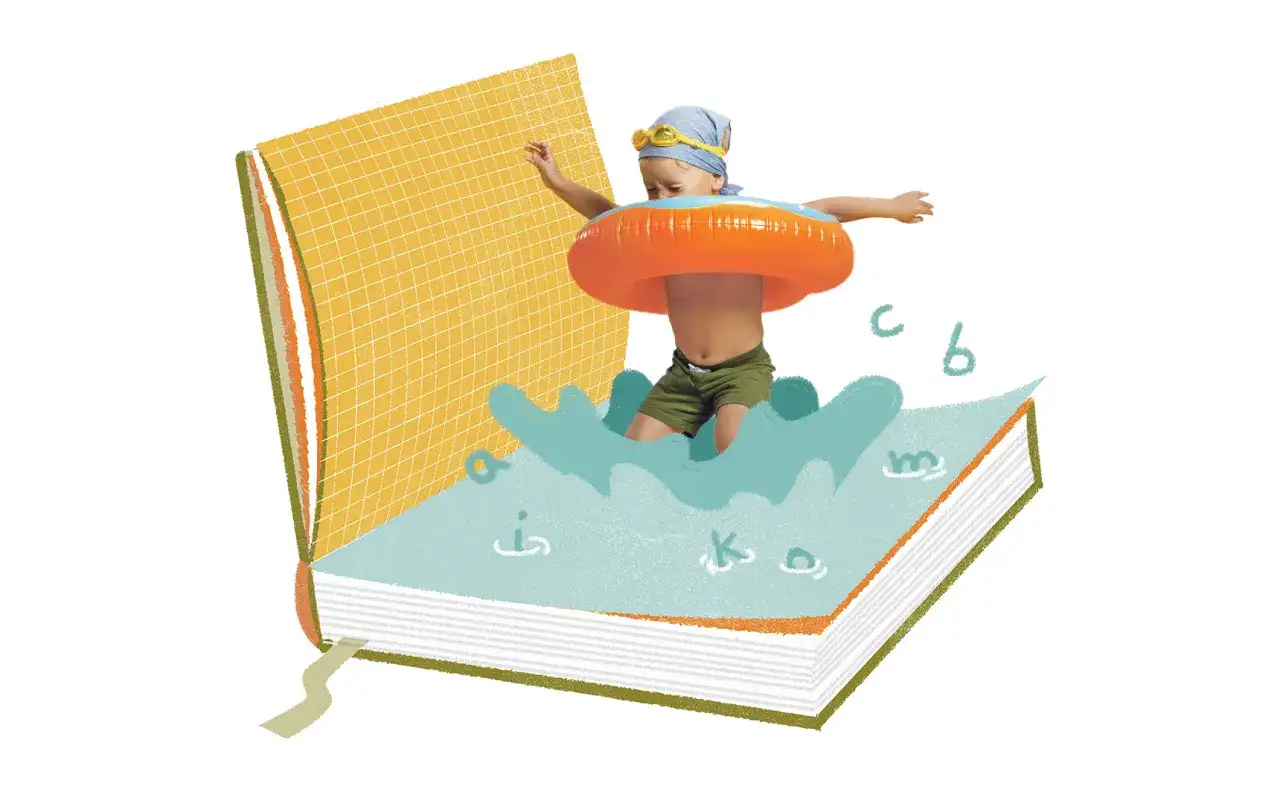 Un niño salta en un libro abierto lleno de agua, rodeado de letras. Una imagen que evoca la lectura en catalán para niños y la aventura.