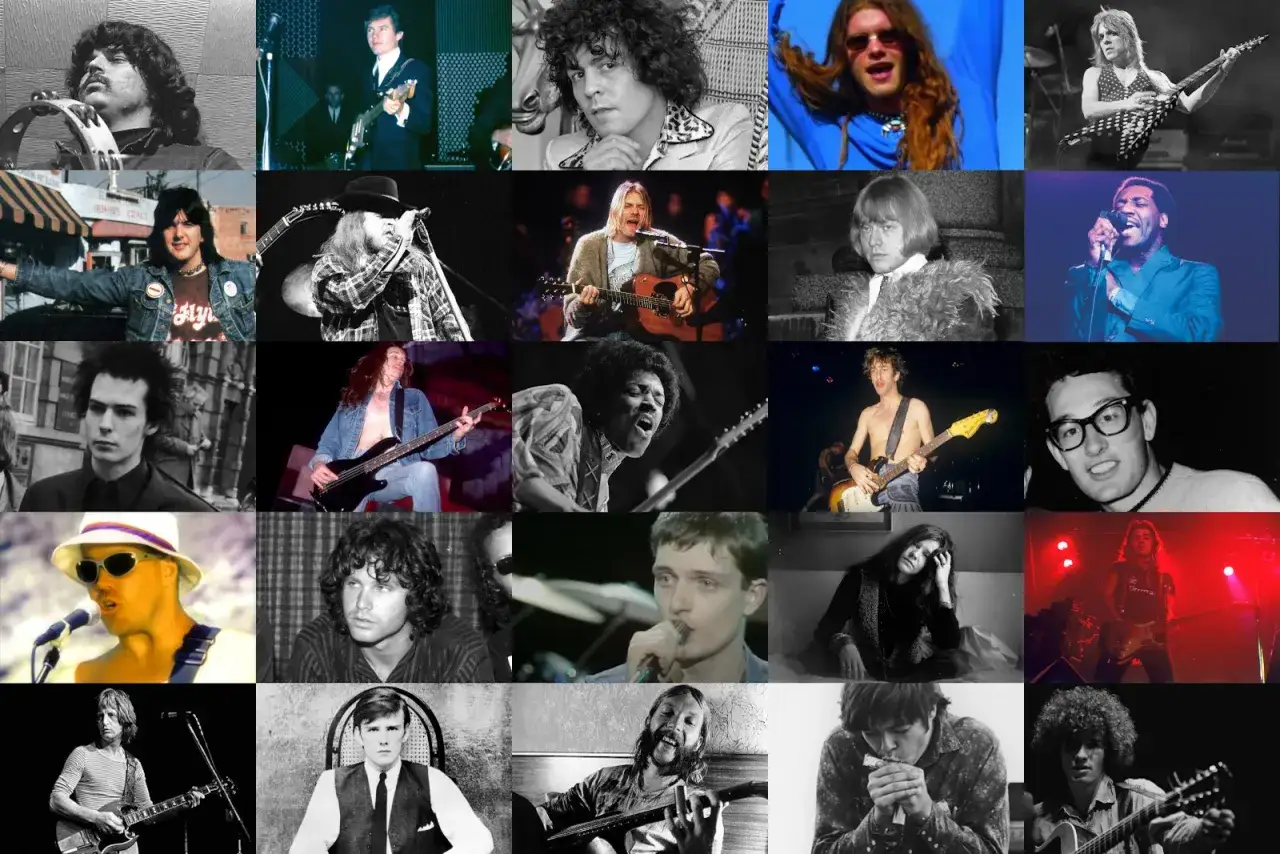 Kolekcja legend muzyki, w tym członkowie klubu 27, grający na gitarach i śpiewający.