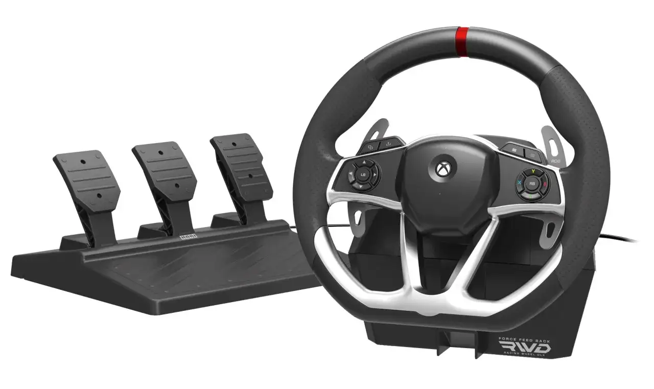 Kierownica wyścigowa Hori RWD z pedałami, kompatybilna z Xbox Series S, dla graczy szukających realizmu.