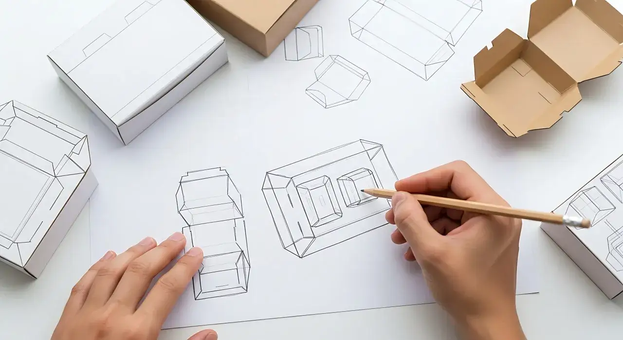 Un diseñador de producto dibuja bocetos de cajas, con prototipos de cartón y papel blanco alrededor.