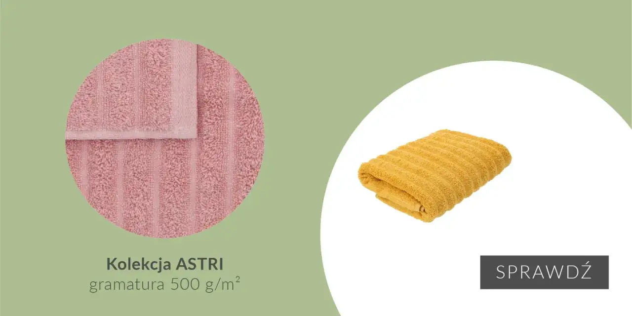 R&oacute;żowy ręcznik z kolekcji ASTRI, gramatura 500 g/m&sup2;, sugeruje, że to dobra gramatura ręcznika. Obok ż&oacute;łty ręcznik.