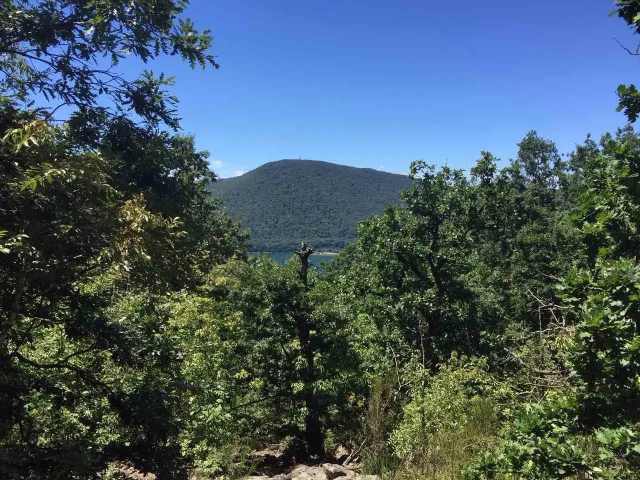 Vista panoramica del lago di Vici, incorniciato da alberi verdi e una montagna sullo sfondo sotto un cielo azzurro.
