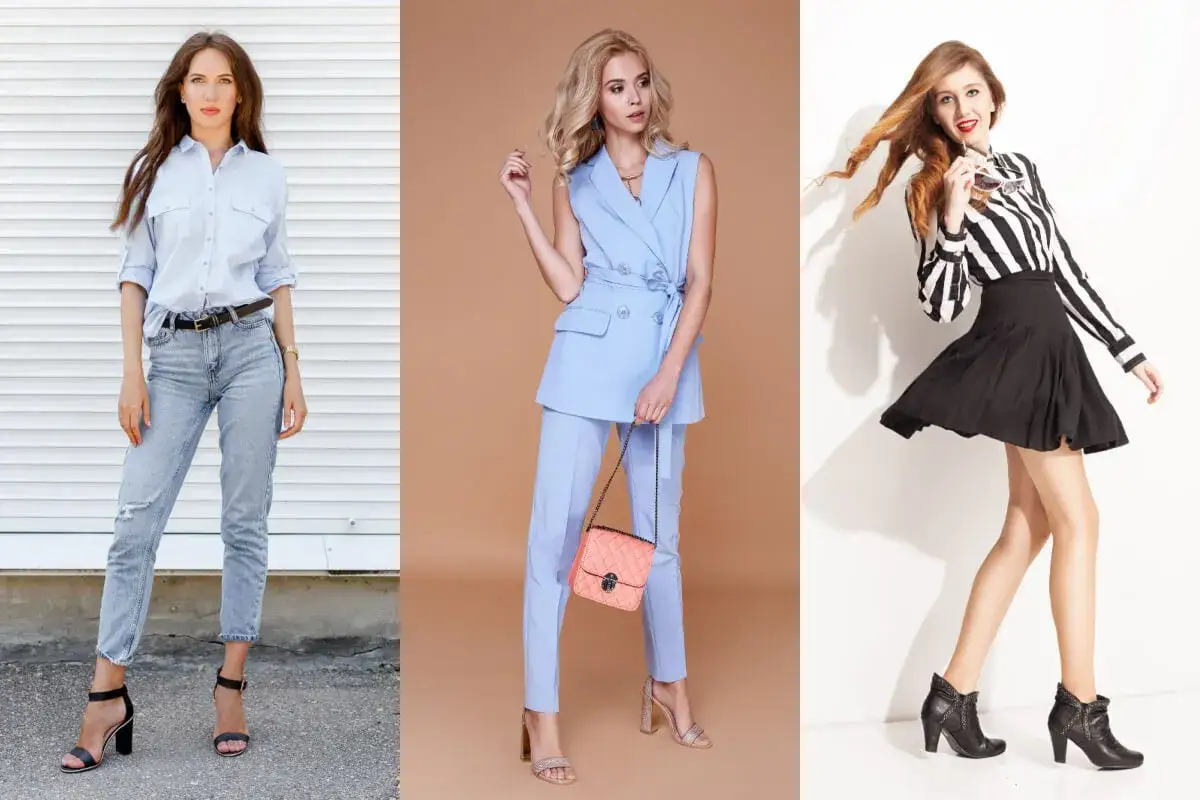 Tres mujeres con estilo, mostrando cómo ser bajita y lucir fabulosa con jeans, traje sastre y falda.