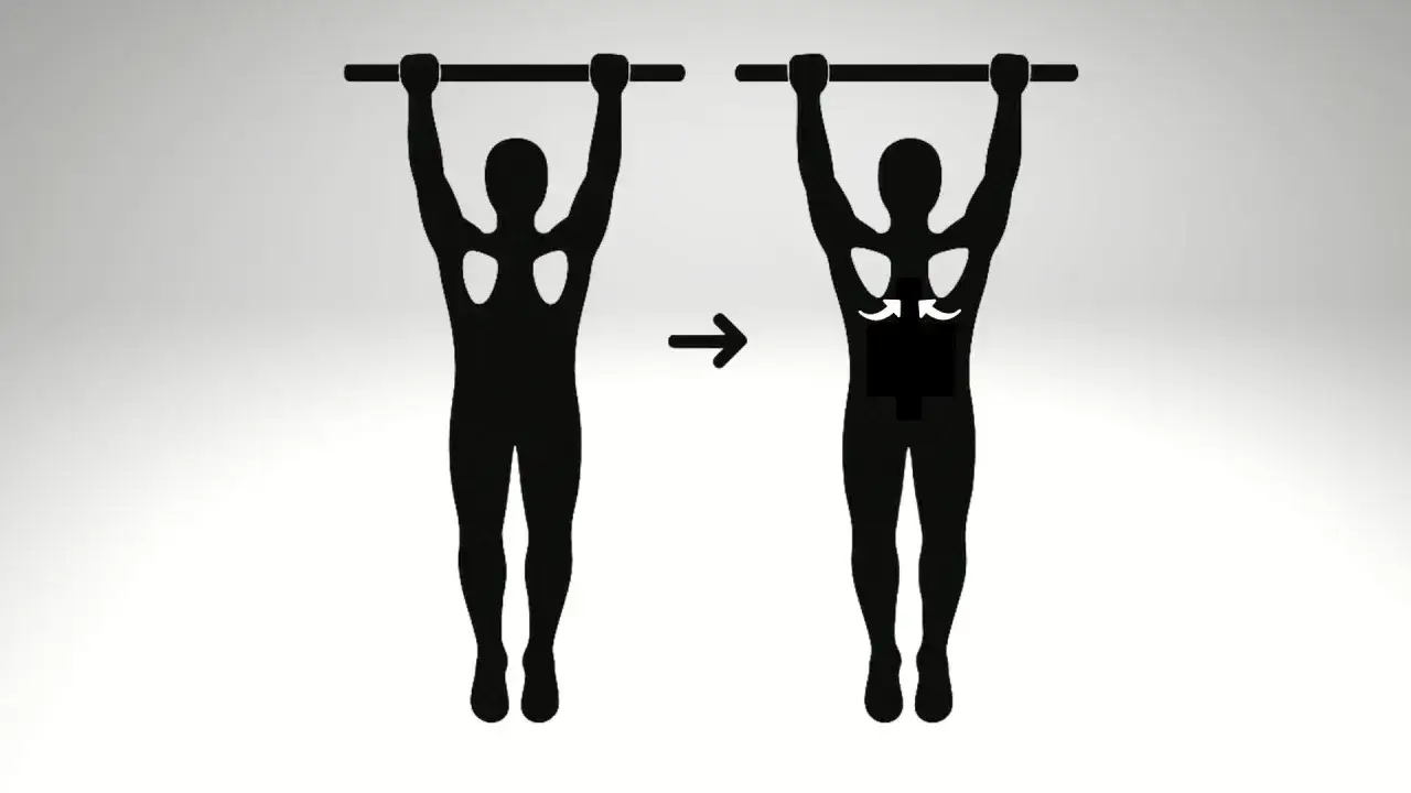 Ilustracja pokazuje ćwiczenie scapular pull ups. Sylwetka po lewej jest w pozycji wyjściowej, po prawej widać ruch ściągania łopatek.