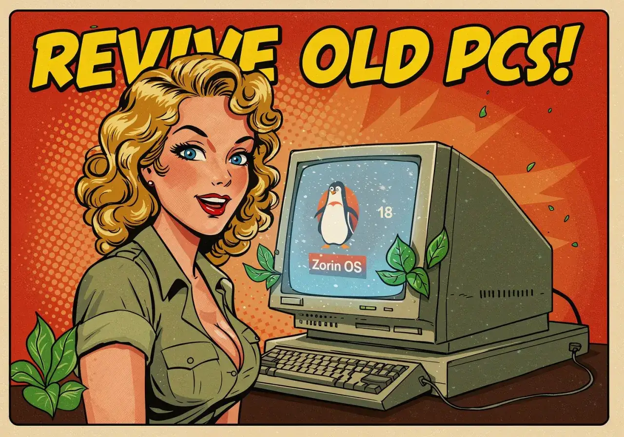 Retro pin-up dziewczyna obok starego komputera z Zorin OS. Napis 