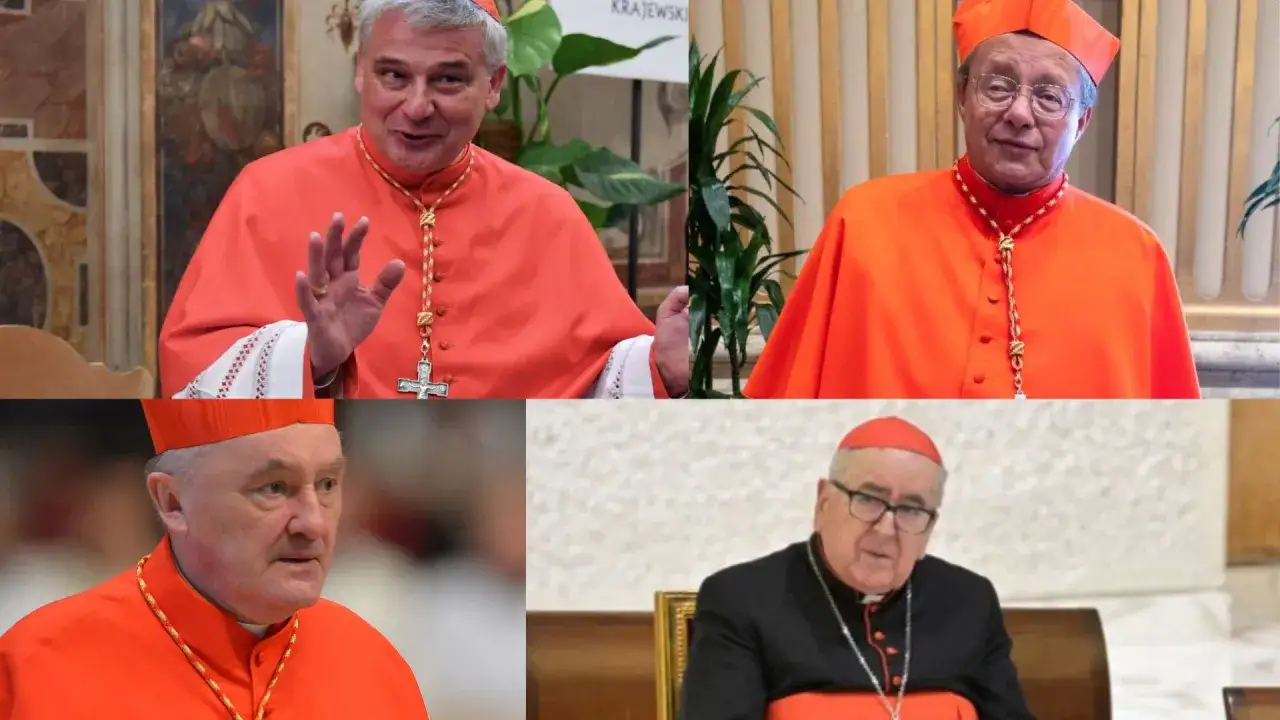 Czterech kardynałów polskich w strojach liturgicznych. W górnym rzędzie po lewej kardynał z uniesioną dłonią, po prawej starszy pan w okularach. W dolnym rzędzie dwaj kardynałowie w zbliżeniu.
