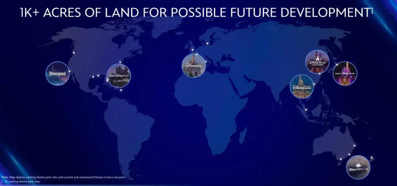 Mapa świata z zaznaczonymi lokalizacjami parków Disneya. Gdzie jest Disneyland? W Kalifornii, na Florydzie, w Paryżu, Tokio, Hongkongu i Szanghaju.