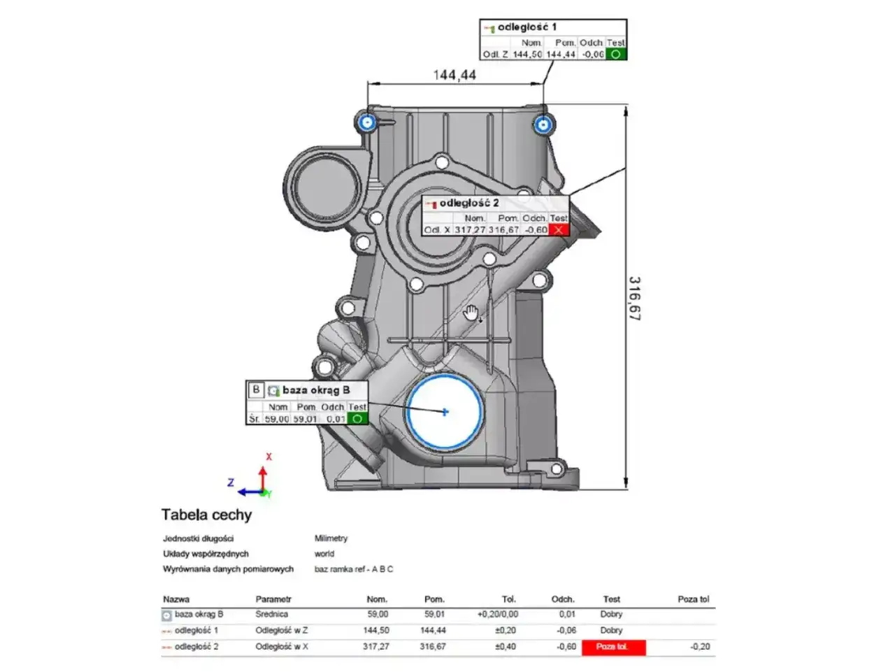 Model 3D części mechanicznej z naniesionymi oznaczeniami tolerancji, wymiarami i tabelą wyników pomiarów.
