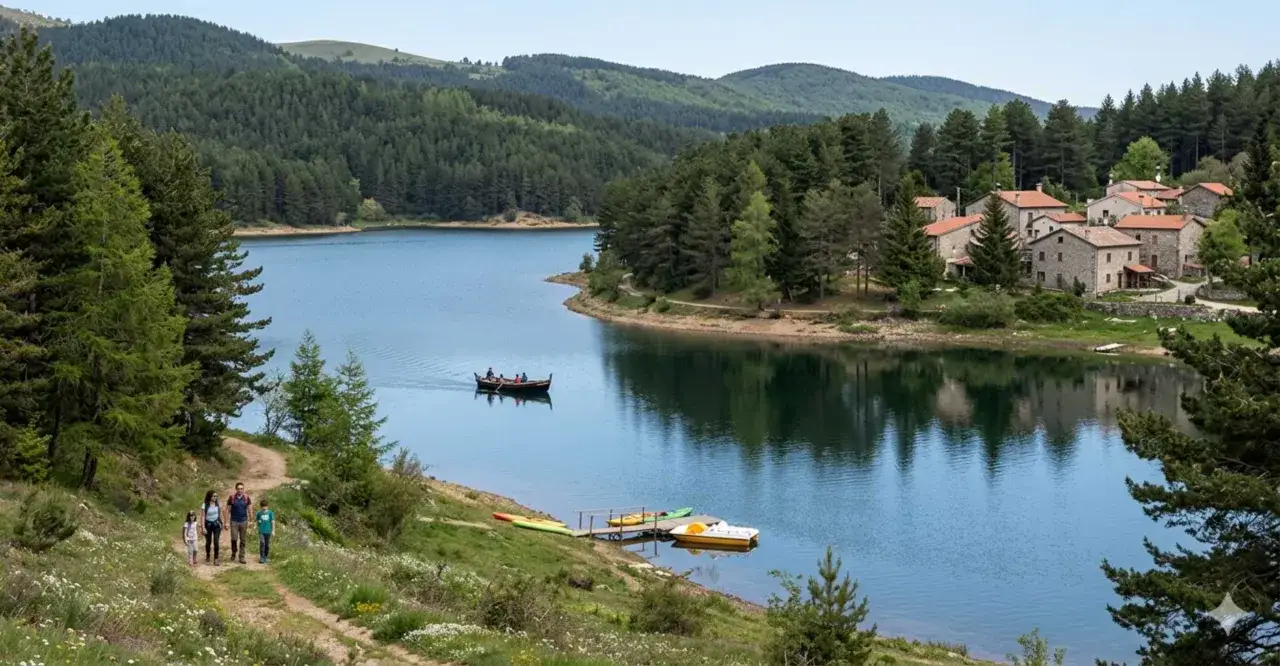 Un lago azzurro riflette le montagne boscose della Sila Calabria. Una barca a remi solca le acque, mentre una famiglia passeggia su un sentiero fiorito.