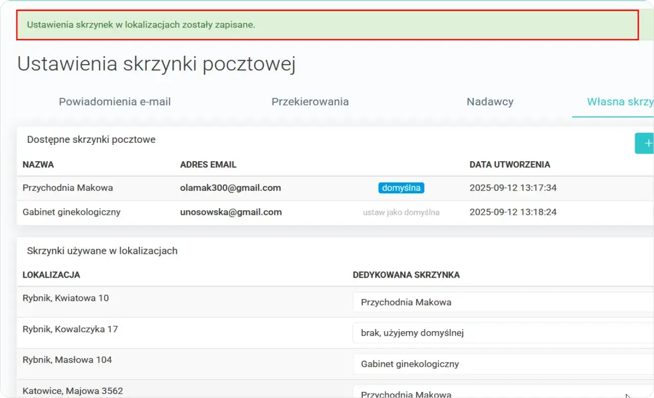 Ustawienia skrzynek pocztowych. Czy da się zmienić nazwę maila? Widok listy dostępnych skrzynek i przypisanych do lokalizacji.