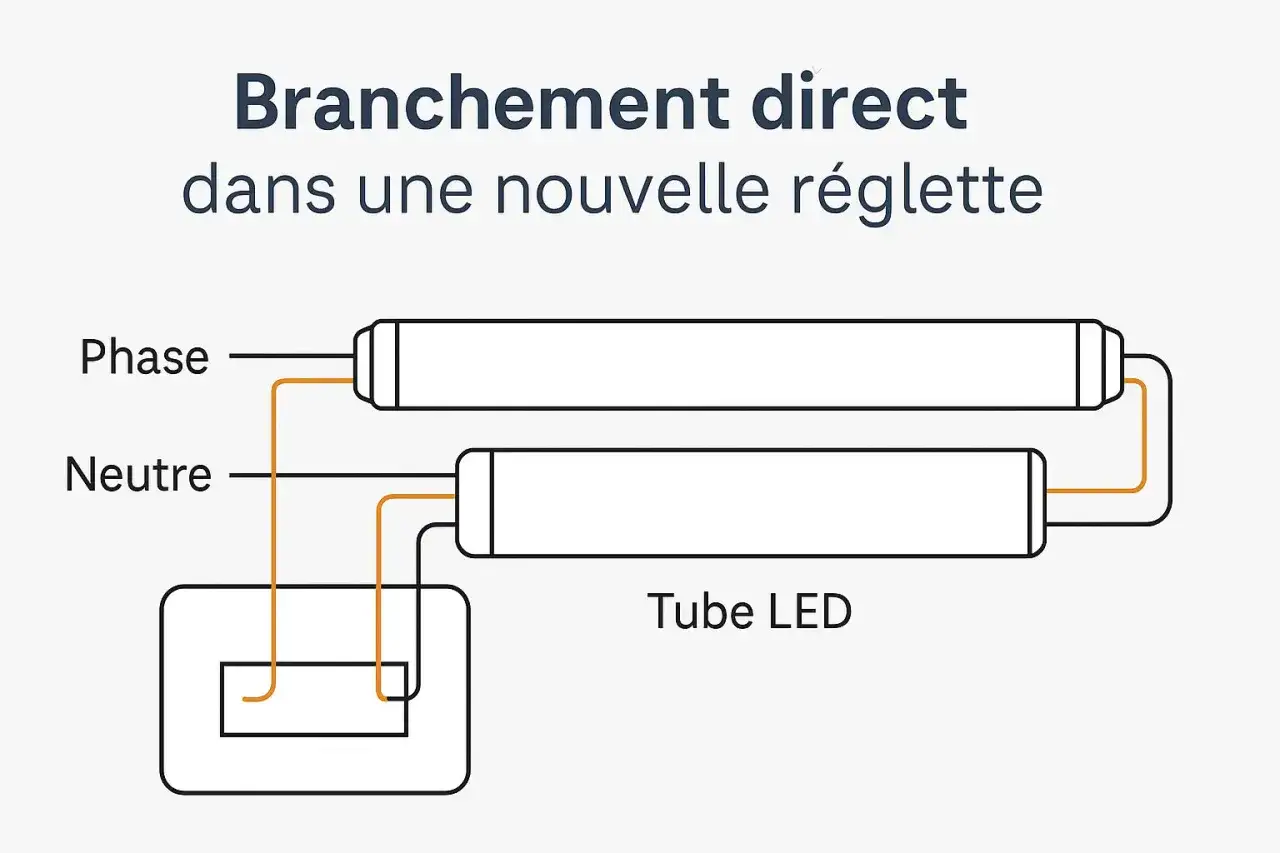 Sch&eacute;ma de branchement direct d'un tube LED dans une nouvelle r&eacute;glette. Phase et Neutre connect&eacute;s.