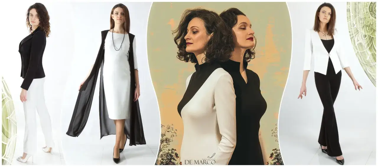 Eleganckie kreacje marki premium De Marco w czerni i bieli. Stylowe garnitury i sukienki dla kobiet ceniących klasę.