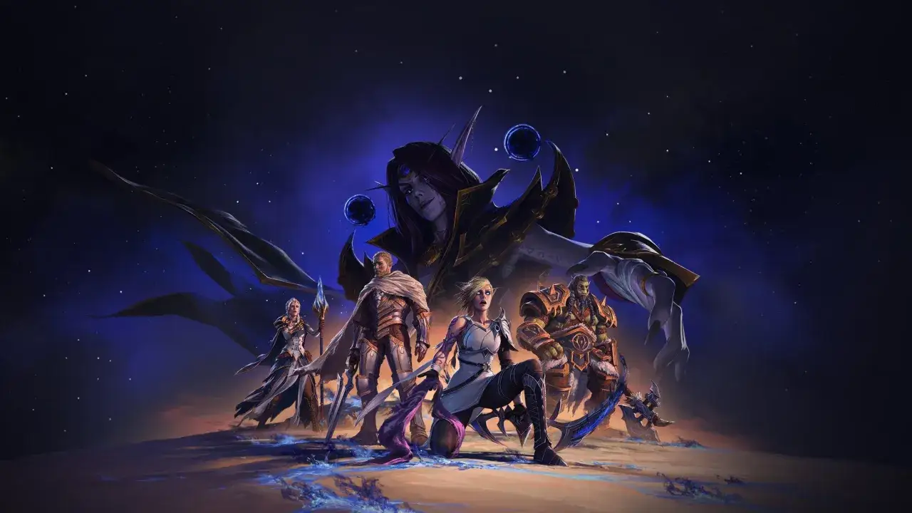 Postacie z gry World of Warcraft, w tym mroczna elfka, wojownik i ork, gotowi do walki. Idealny czas na wow free weekend!