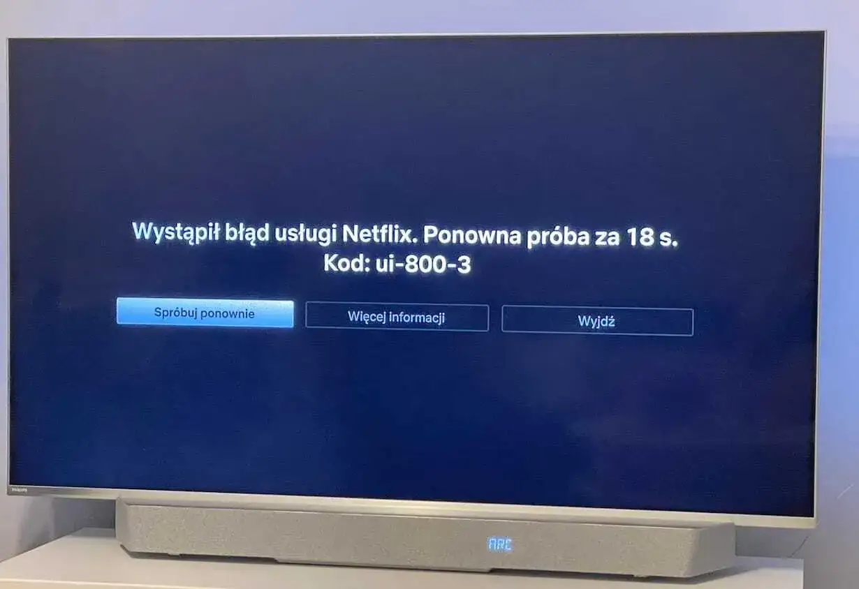 Błąd usługi Netflix (kod: ui-800-3) na ekranie telewizora. Próba ponownego połączenia za 18 sekund.
