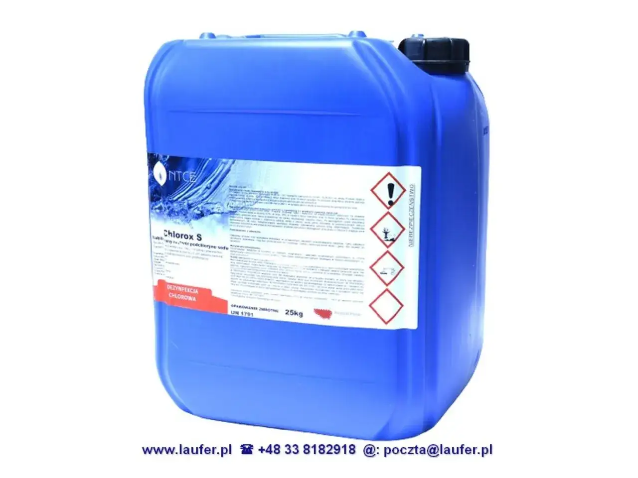 Niebieski kanister z produktem Chlorox S, środkiem do dezynfekcji. Informacje o tym, ile podchlorynu sodu na m3 wody pitnej, znajdziesz na etykiecie.