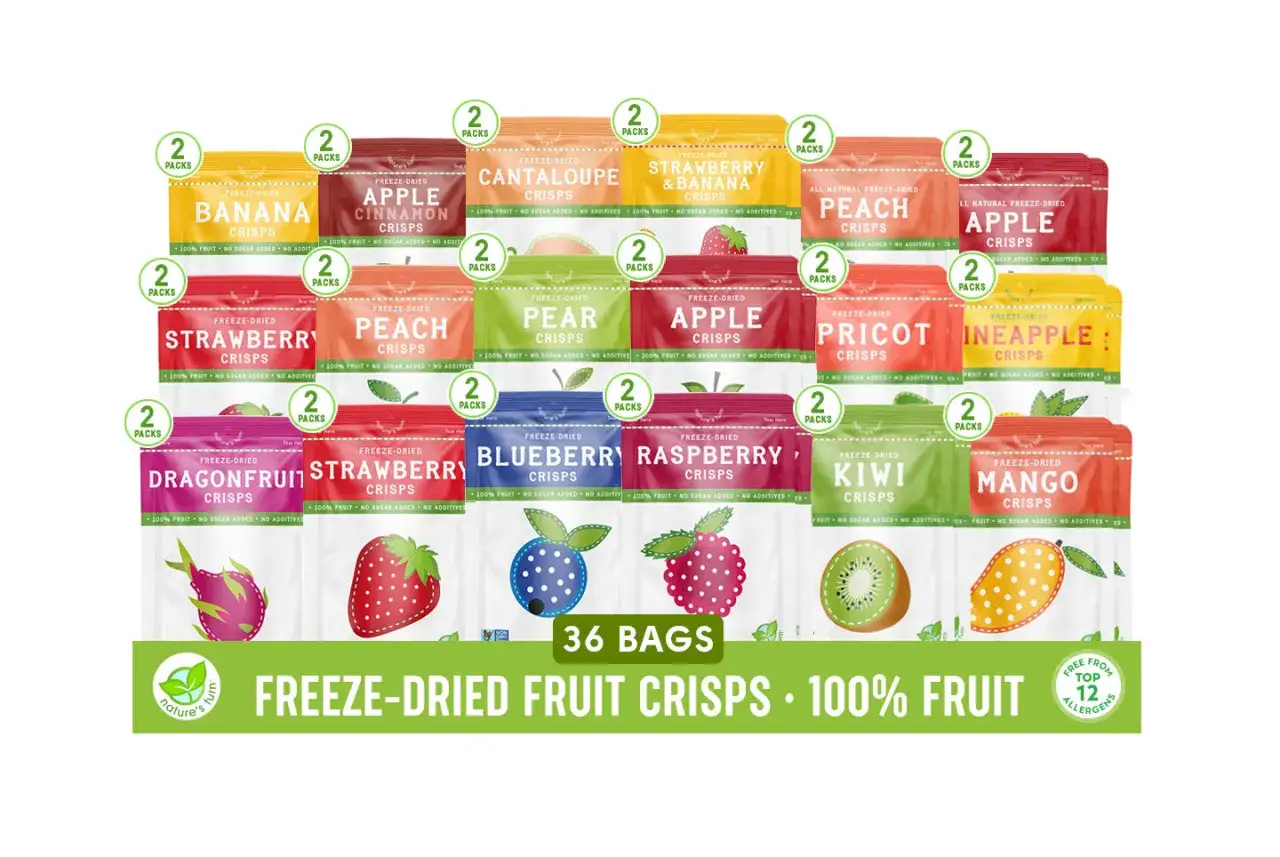 Odkryj, jak jeść owoce liofilizowane! 36 paczek chrupiących owoców: banan, jabłko, truskawka, mango i wiele innych. Idealna przekąska!