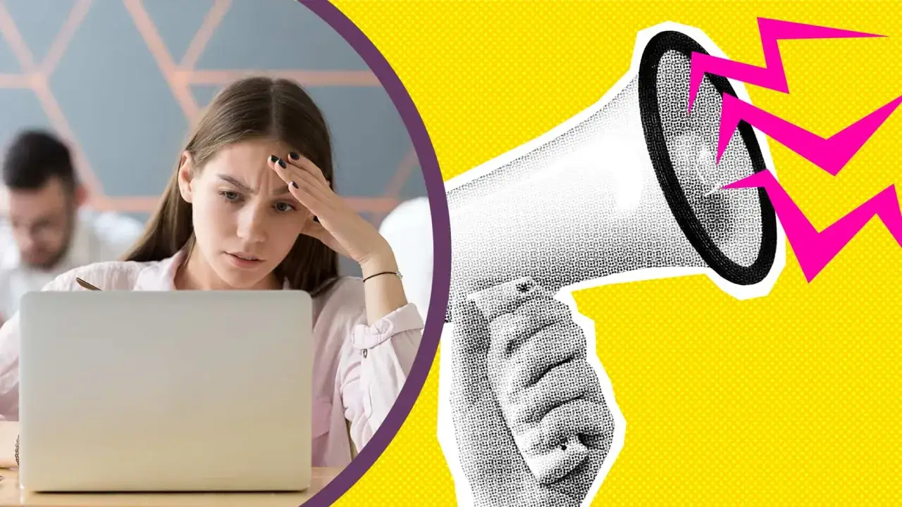 Utmattad kvinna vid datorn, redo att byta jobb efter utmattning. En megafon symboliserar att hon vill h&ouml;ras.