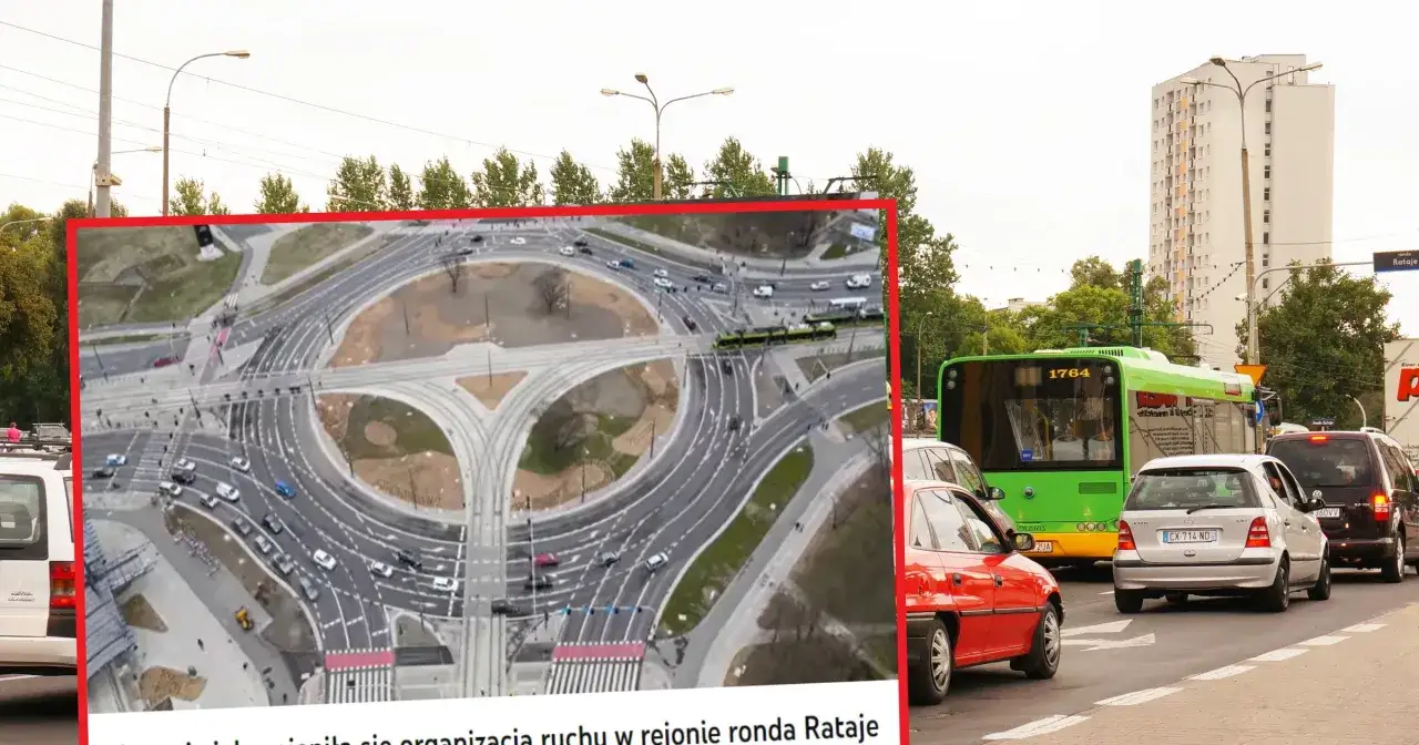 Widok z lotu ptaka na skrzyżowanie z tramwajami i samochodami. Na pierwszym planie zielony autobus i czerwony samoch&oacute;d. Kierunkowskaz na rondzie Rataje.