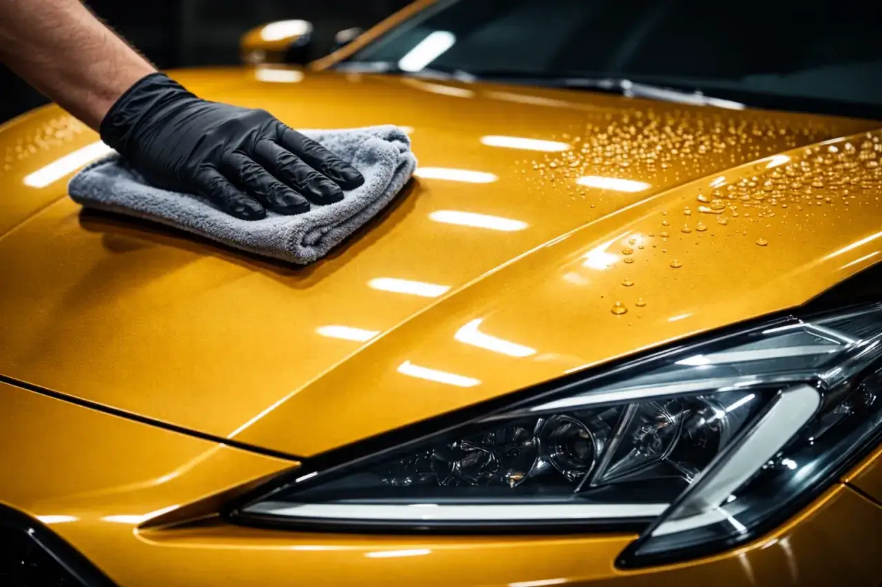 Hand i handske polerar en gl&auml;nsande gul bil med en mikrofiberduk. En effektiv waterless wash f&ouml;r en perfekt finish.