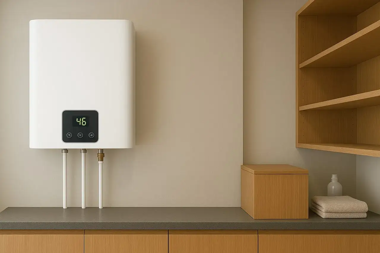 Caldera el&eacute;ctrica moderna con pantalla digital mostrando 46&deg;C. Un dise&ntilde;o eficiente para controlar el consumo de agua caliente.