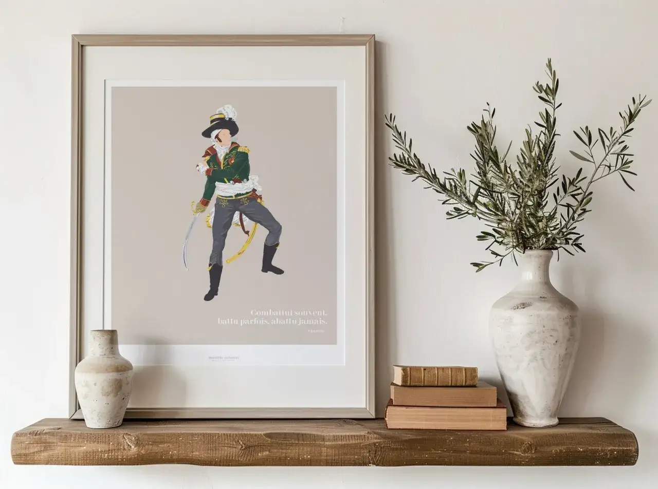 Illustration d'un militaire en uniforme, &eacute;p&eacute;e &agrave; la main. Une citation sur le combat, 