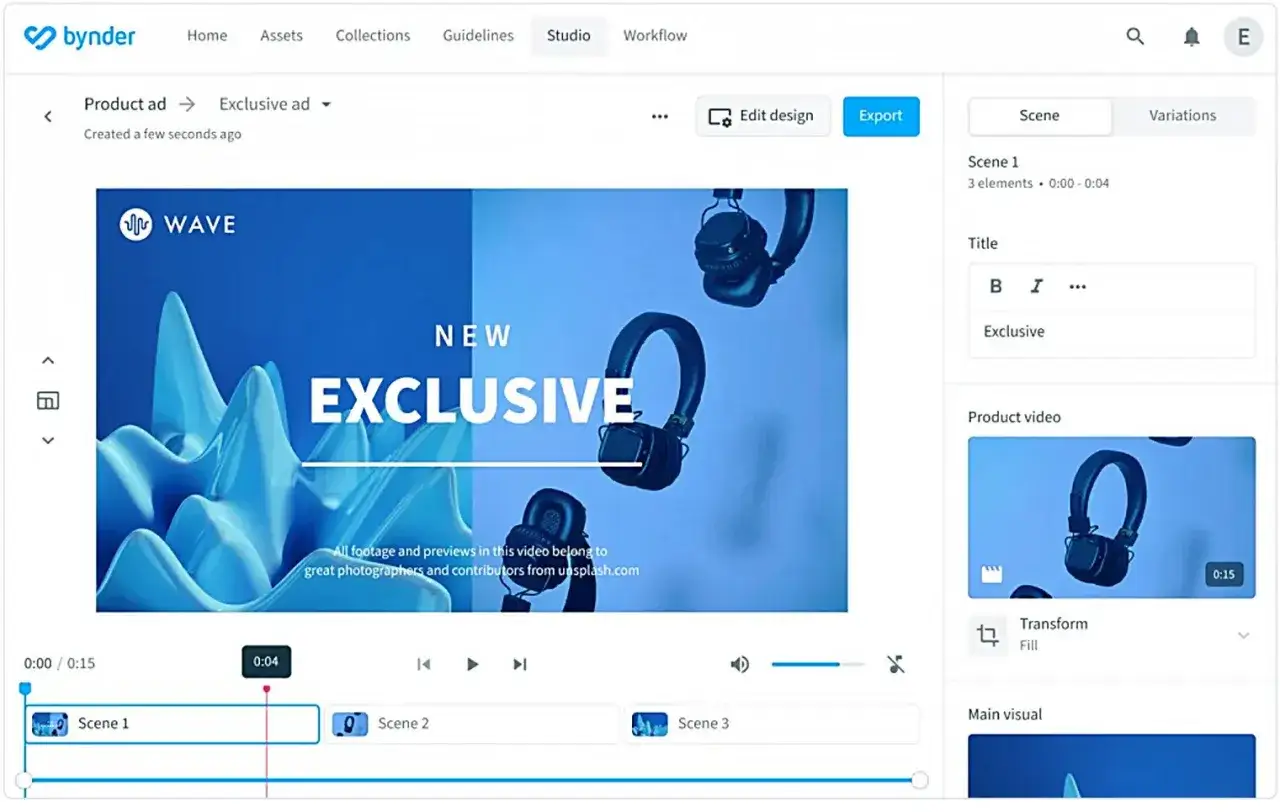 Editing an exclusive ad on a video CMS platform. The interface shows scene timelines, text editing, and video previews.
