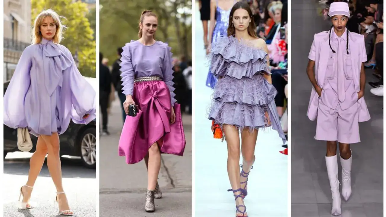 Kolekcja inspirujących stylizacji z fioletem: od zwiewnej sukienki z bufkami, przez zestaw z błyszczącą spódnicą, po kreację z piórami i elegancki garnitur.