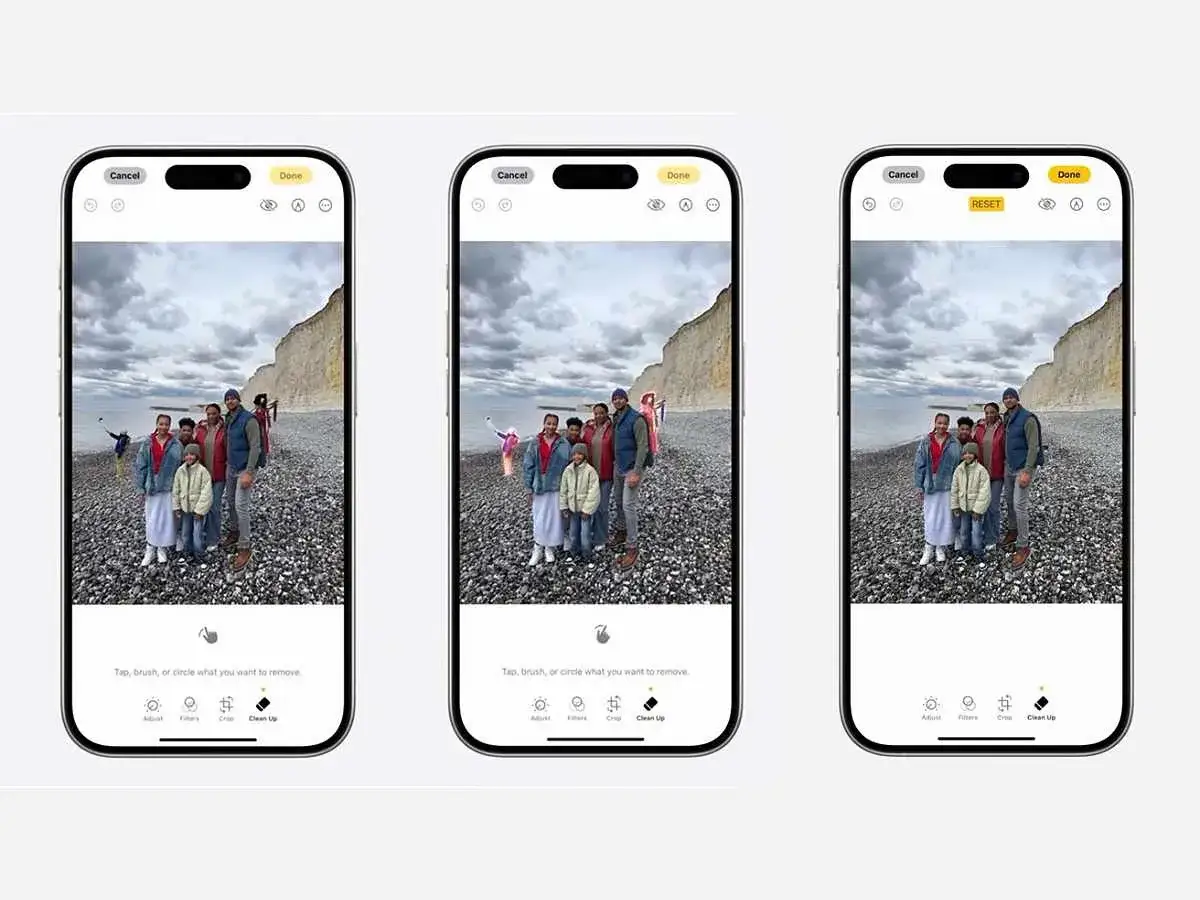 Jak usunąć coś ze zdjęcia iPhone: trzy ekrany pokazujące edycję zdjęcia z rodziną na plaży, z opcją 
