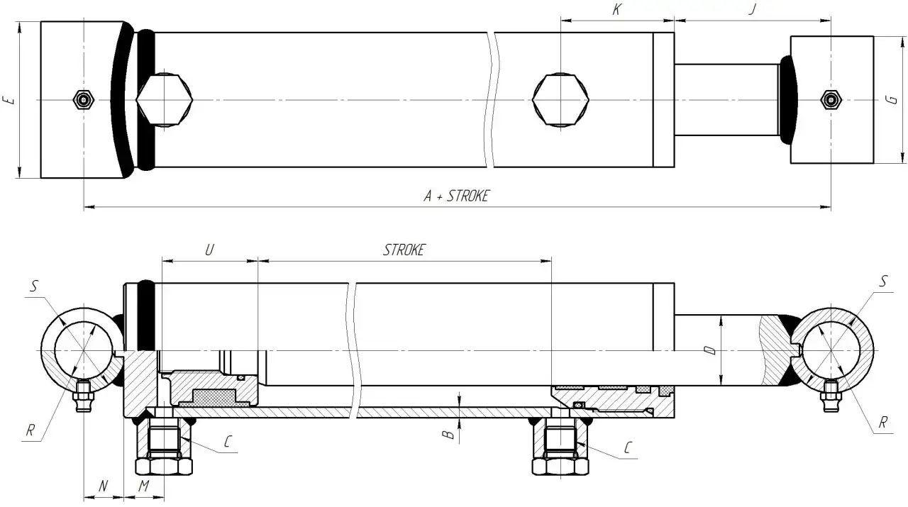 Technical drawing showing a hydraulic cylinder with dimensions labeled. The diagram illustrates how to measure hydraulic cylinder stroke, indicating the total length and the stroke range.