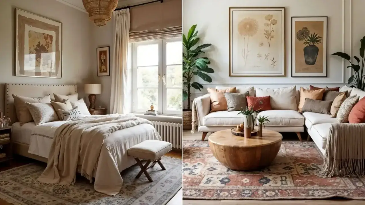 Gemütliches Schlafzimmer und Wohnzimmer im boheme stil mit warmen Farben, Texturen und Pflanzen.