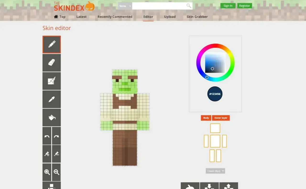 Edytor skinów w Minecraft. Zobacz, jak zrobic skina w mc, tworząc postać z zieloną skórą i brązowymi ubraniami.