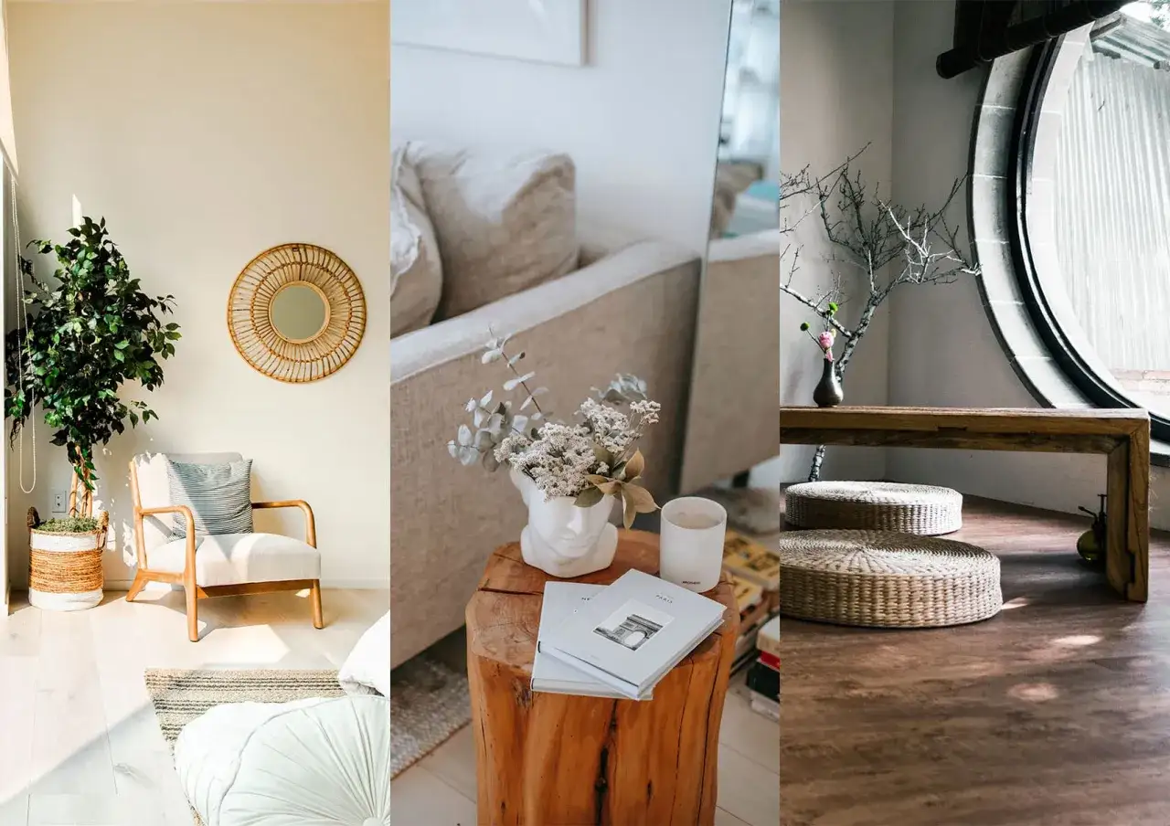 Idee per come decorare la casa: un angolo relax con poltrona e specchio, un tavolino in legno con fiori e libri, e un'area con sedute basse e un ramo decorativo.