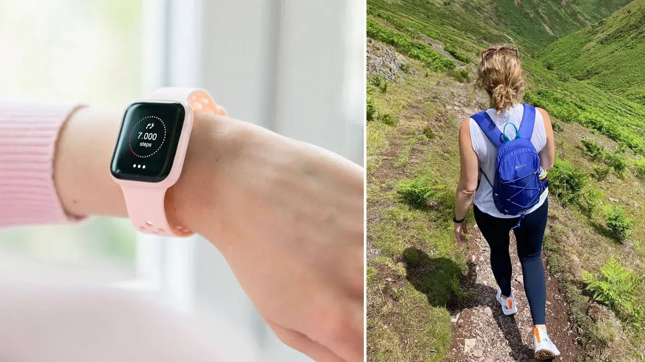 Smartwatch mostra 7.000 passi. Una donna cammina su un sentiero di montagna, chiedendosi quanti passi al giorno per dimagrire.