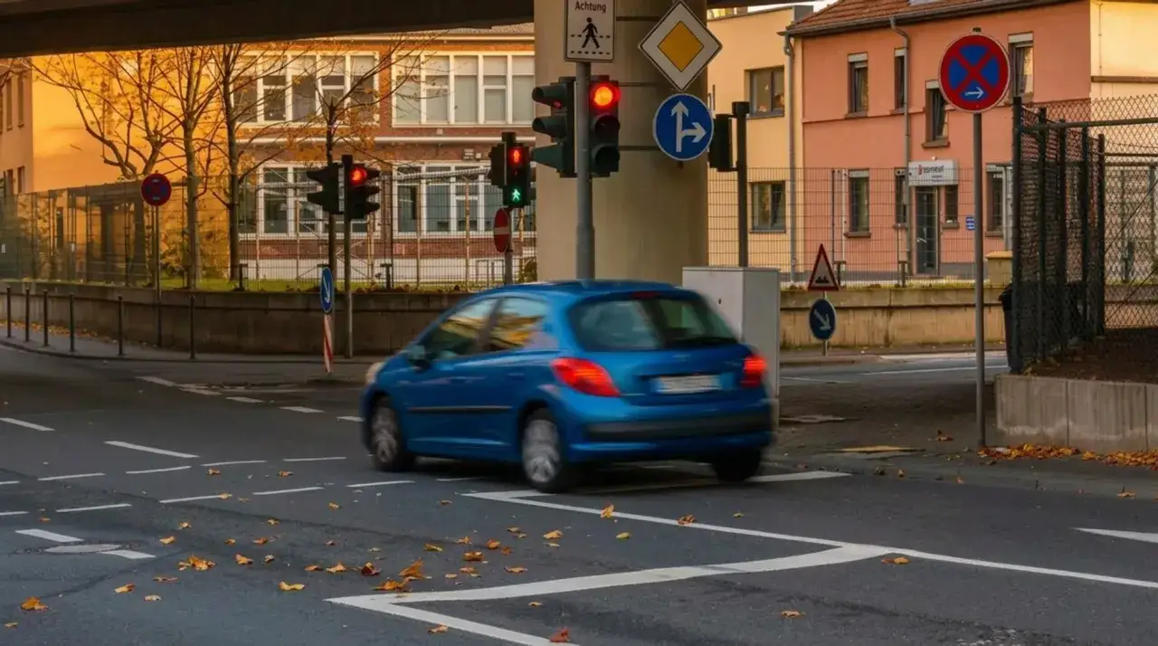 Blauer Kleinwagen f&auml;hrt bei Rot &uuml;ber die Ampel. Wer die Vorfahrt genommen hat, riskiert eine Strafe. Herbstlaub auf der Stra&szlig;e.