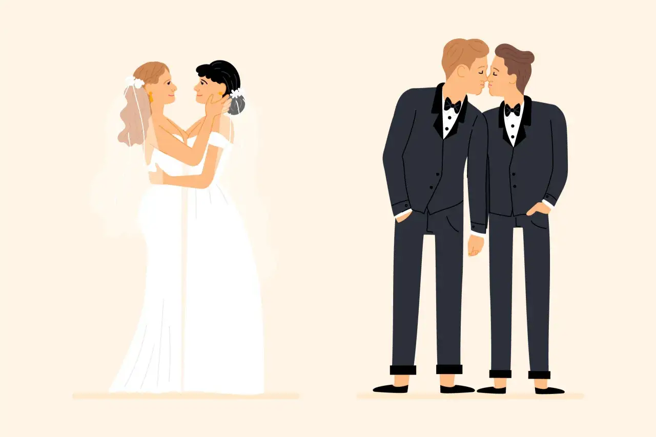 Due spose si abbracciano, mentre due sposi si baciano. Celebrazione dell'unione civile e del matrimonio per tutti.