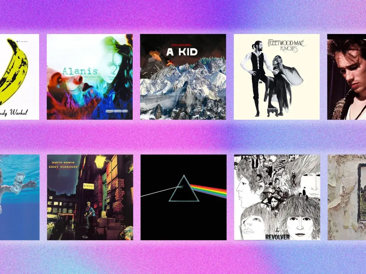 Okładki płyt z najsłynniejszymi utworami rockowymi: The Velvet Underground, Alanis Morissette, David Bowie, Fleetwood Mac, The Beatles i inni.