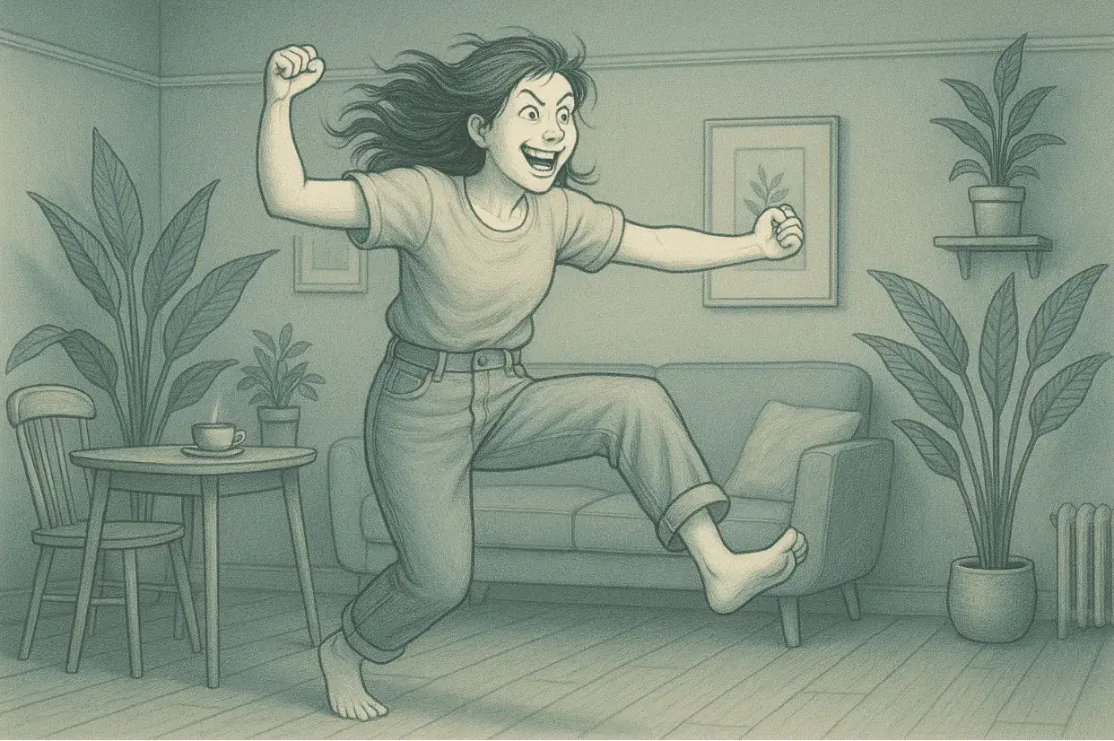 Dziewczyna w euforii skacze w salonie, włosy rozwiane, zaciśnięte pięści w geście triumfu.