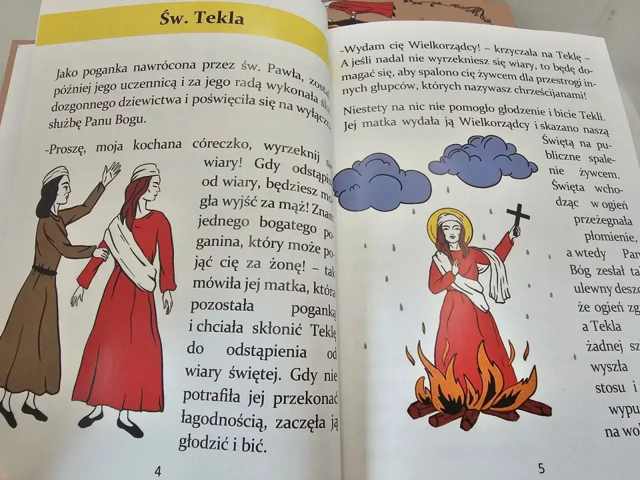 Św. Tekla, nawrócona poganka, staje przed sądem. W hagiografii widzimy ją przygotowaną na spalenie na stosie, z krzyżem w dłoni.
