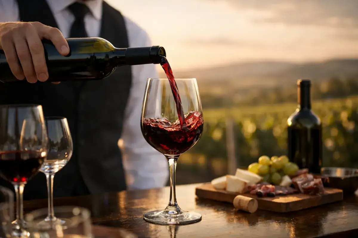 Ein Sommelier schenkt Rotwein ein. Ein wahrer weinkenner fachbegriff, der die Essenz des Genusses einfängt.