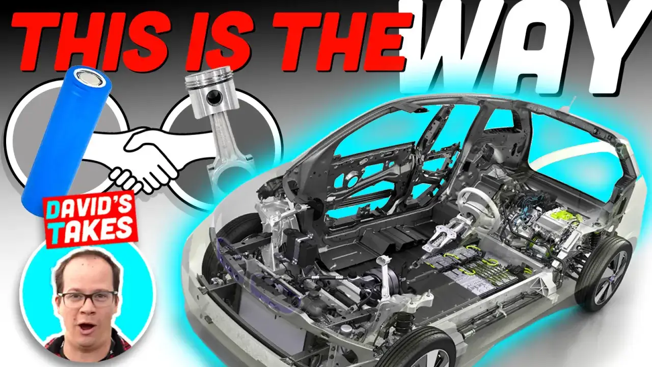 Schéma d'une voiture hybride non rechargeable, montrant son châssis et ses composants. Une batterie et un piston symbolisent la fusion des technologies.