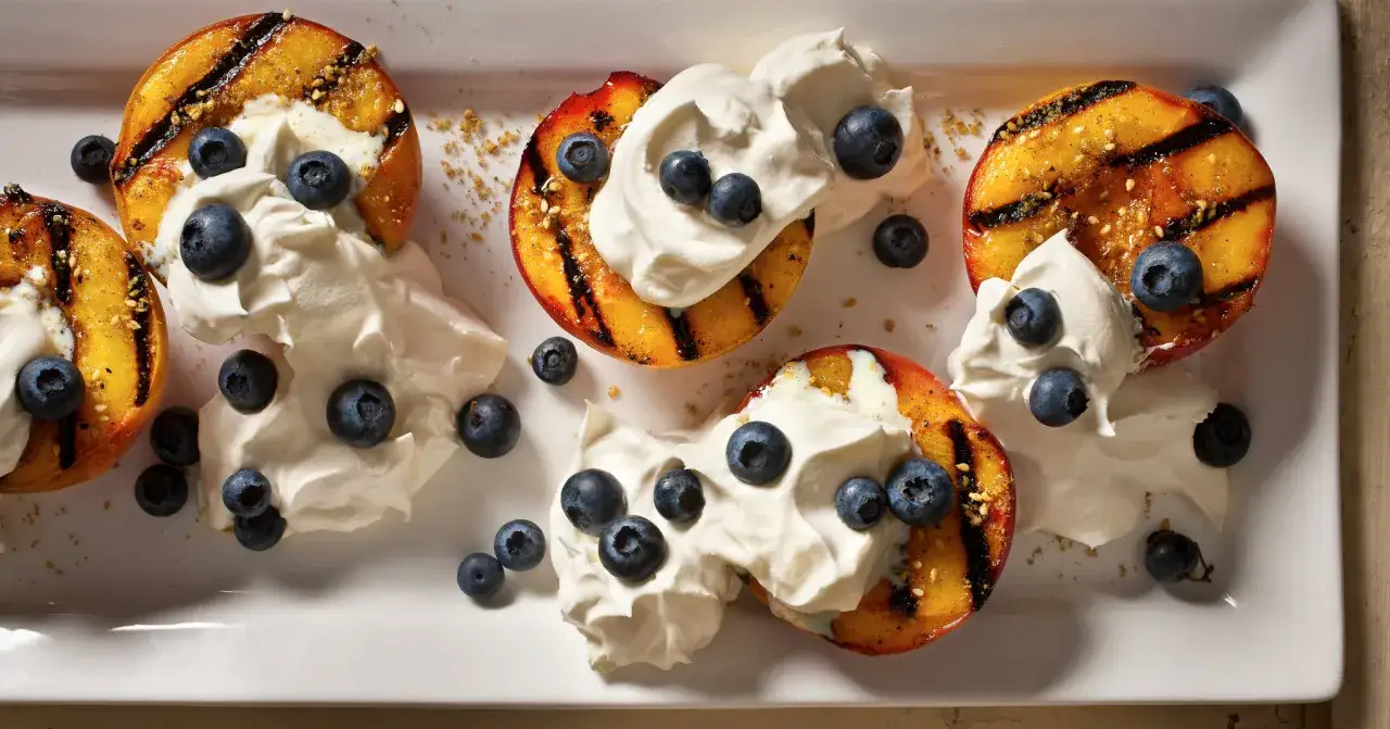 Gegrillte Pfirsichhälften mit Schlagsahne und Blaubeeren, ein perfektes Sommer Dessert für die Grillparty.