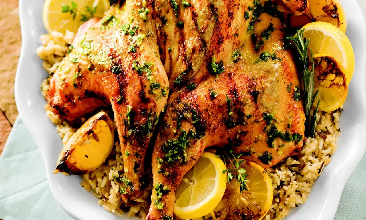Un d&eacute;licieux poulet au citron grill&eacute;, garni d'herbes fra&icirc;ches et de quartiers de citron r&ocirc;tis, servi sur un lit de riz savoureux.