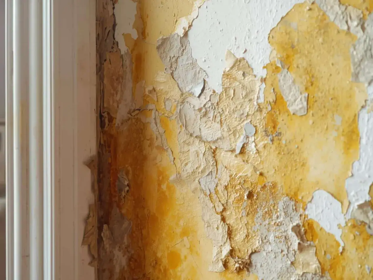 Peinture écaillée, jaunie par l'humidité, sur un mur décrépi. Une vieille peinture qui sent mauvais, témoin d'un passé oublié.