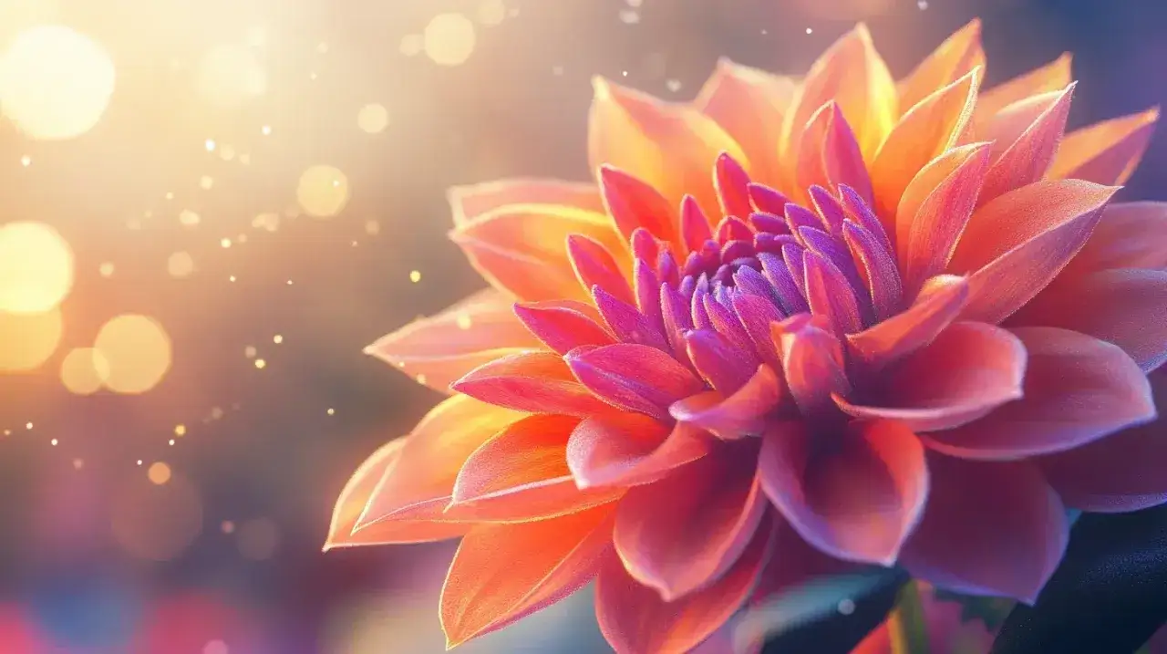 Un dahlia aux pétales orange et violets, baigné de lumière. Sa beauté évoque la signification de la dahlia : la gratitude et la dignité.