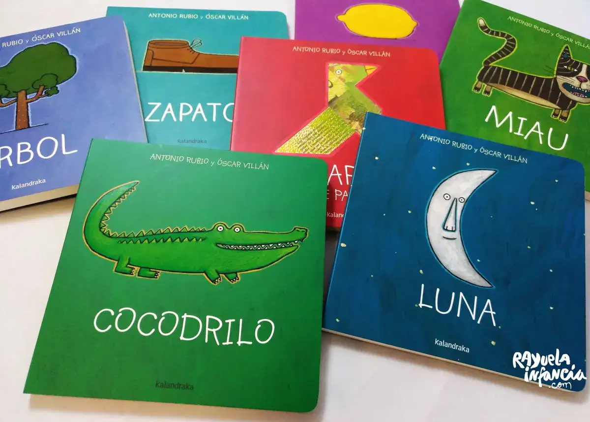 Libros ilustrados para ni&ntilde;os de 1 a&ntilde;o: un cocodrilo, un zapato, un &aacute;rbol, un gato, la luna y m&aacute;s.