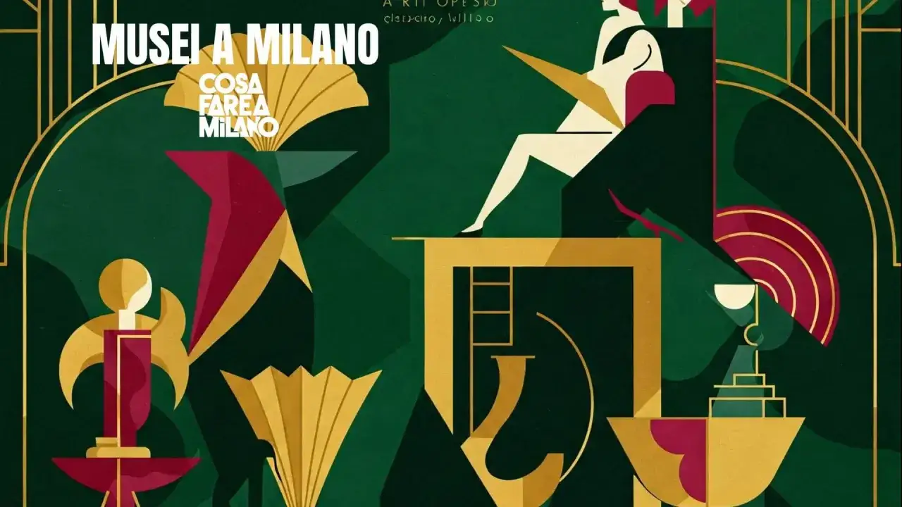 Musei a Milano: scopri cosa fare in citt&agrave; con un'illustrazione art d&eacute;co che celebra l'arte e la cultura.