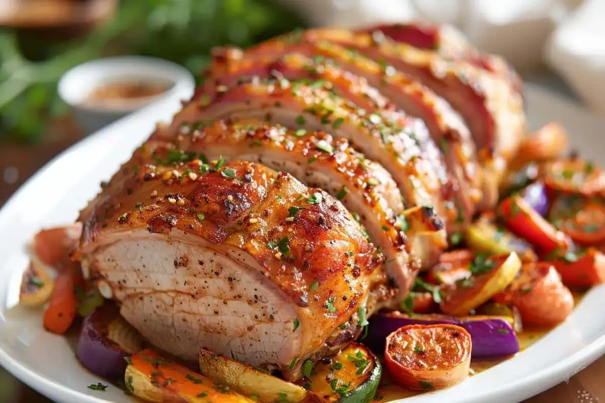 Rôti de porc Cookeo, tranché et servi avec des légumes rôtis colorés. Un plat savoureux et appétissant.