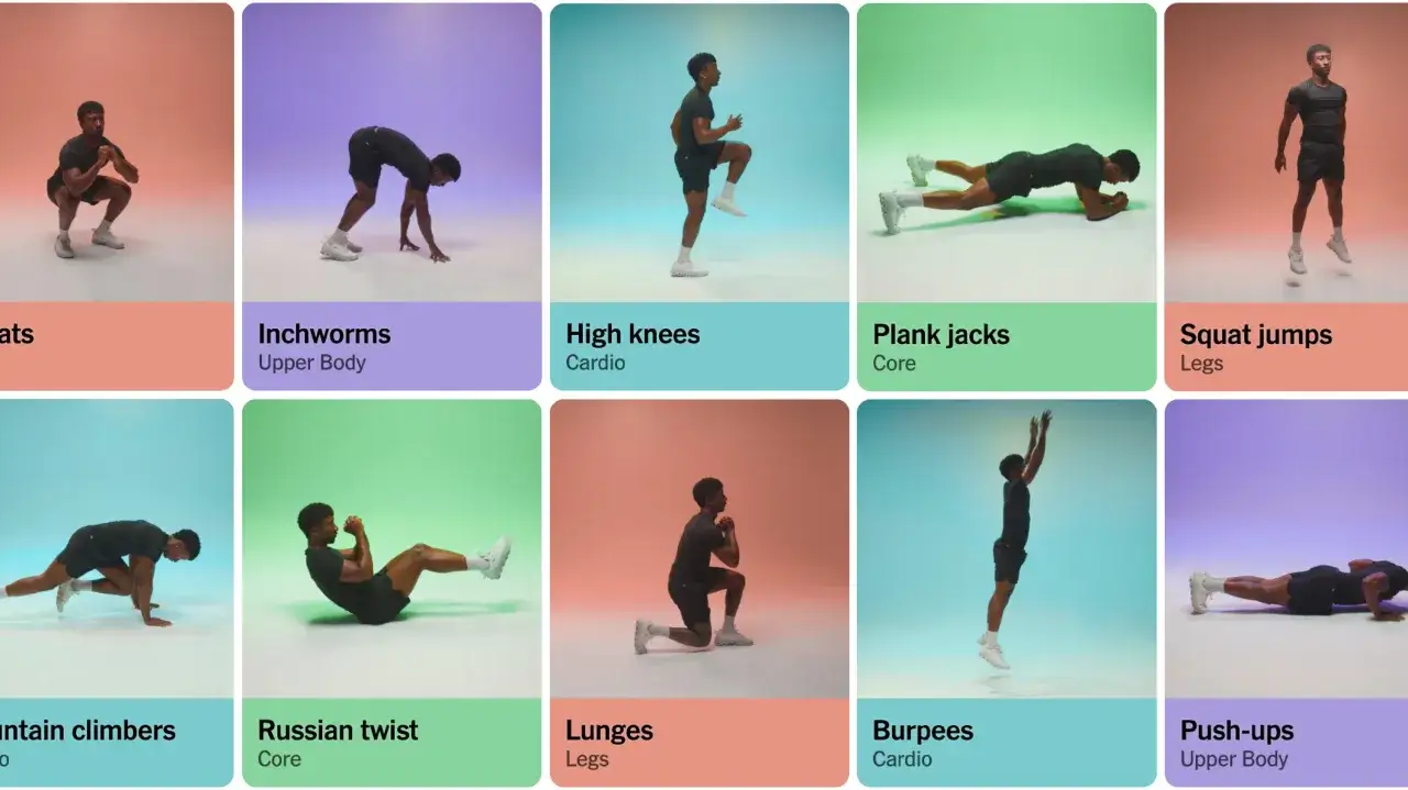Ein Mann zeigt &Uuml;bungen f&uuml;r einen HIIT Workout Plan: Kniebeugen, Inchworms, High Knees, Plank Jacks, Squat Jumps, Mountain Climbers, Russian Twists, Lunges, Burpees und Push-ups.